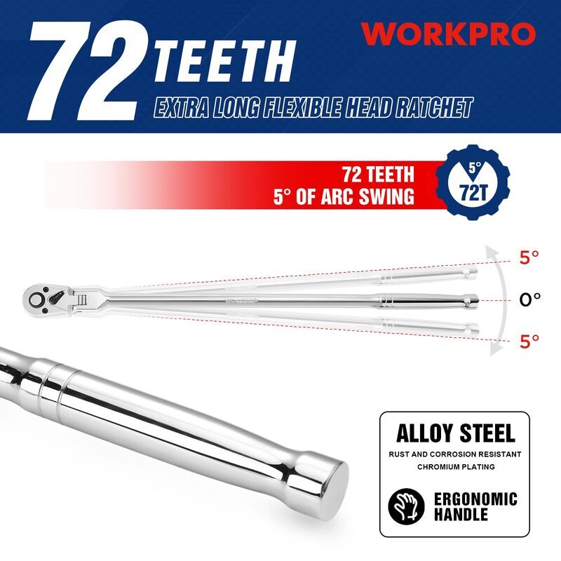 WORKPRO 3/8" Drive Extra Long Flex Head Ratchet 18" Ratchet Handle Quick Release