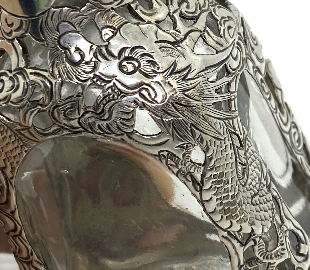 Antique Asian Signed Silver Overlay Dragon Pattern Bitters Bottle 5” 143g