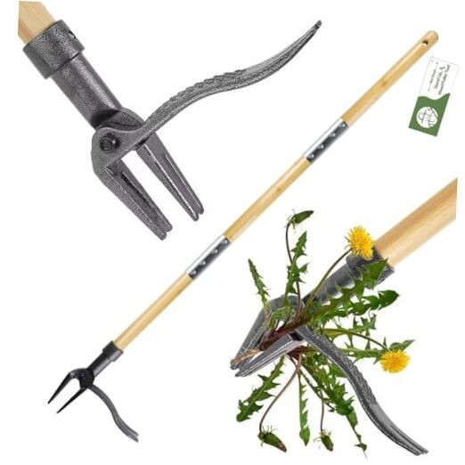 Weed Puller Tool, Stand Up Heavy Duty Root Removal Tool with 4 Bamboo brown