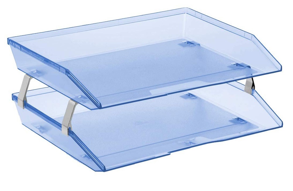 2 Tier Letter Tray Clear Blue Plastic Side Load Desktop File Organizer