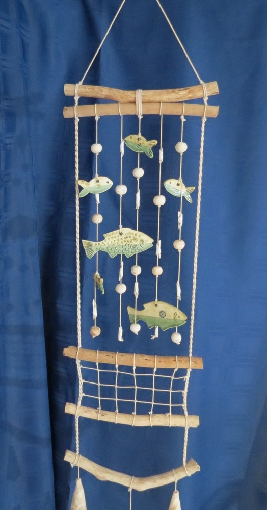 Ceramic Hanging Fish Decor Nautical Beach Wind Chime Driftwood Shells 44 “ Long!