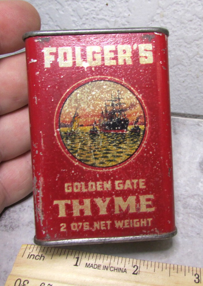 vintage JA Folgers Thyme empty 2 oz spice tin, old logo version style, rare!