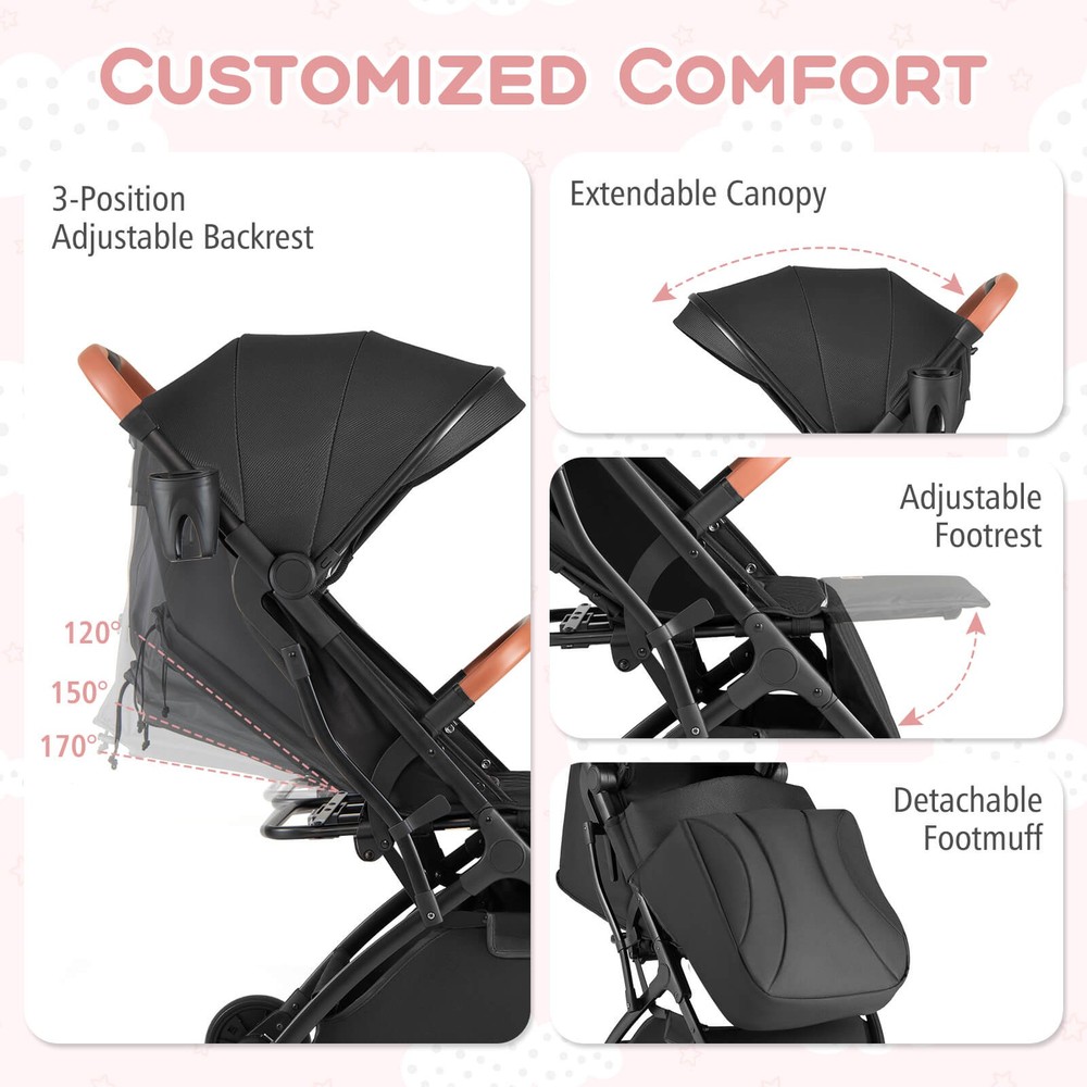 Lightweight Baby Stroller w/One-Hand Folding, Extendable Canopy, Storage Baske