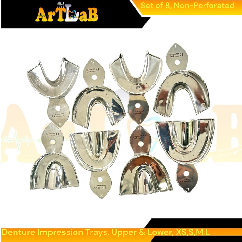 8 Pack Metal Denture Impression Tray Solid, Upper & Lower, XS+S+M+L | Stainless