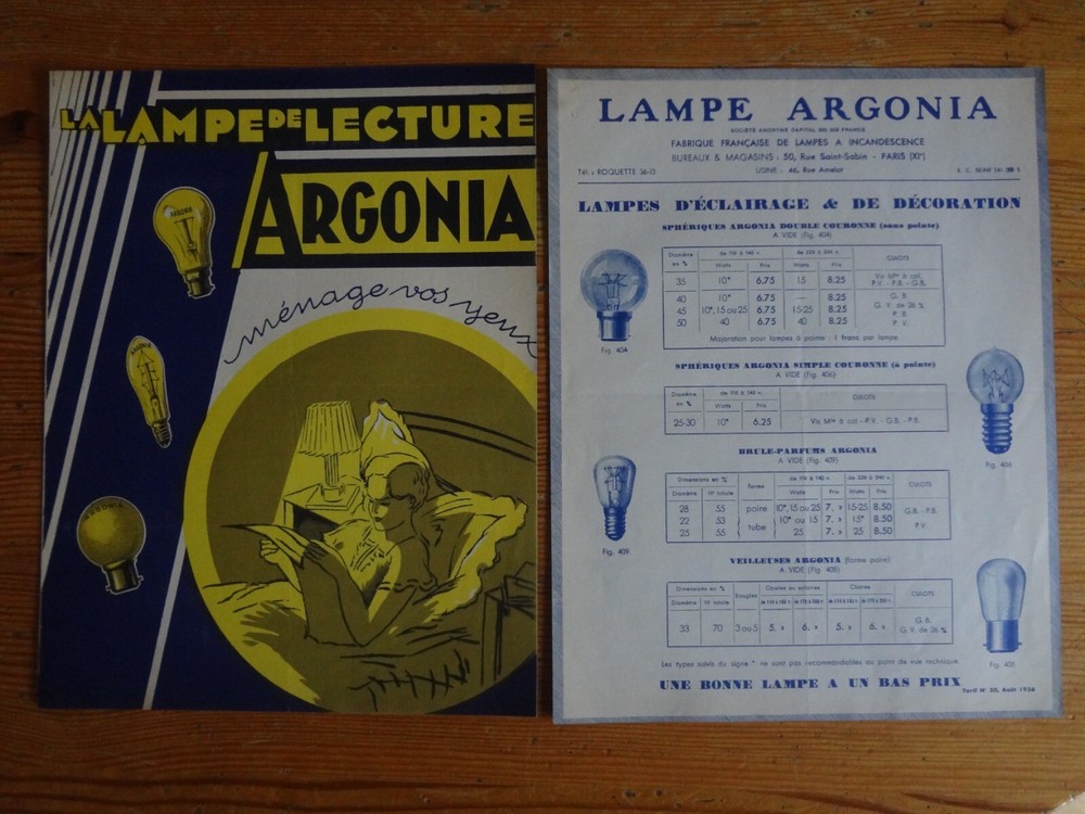 ARGONIA Lamp: Pub & Tariff 1936 -