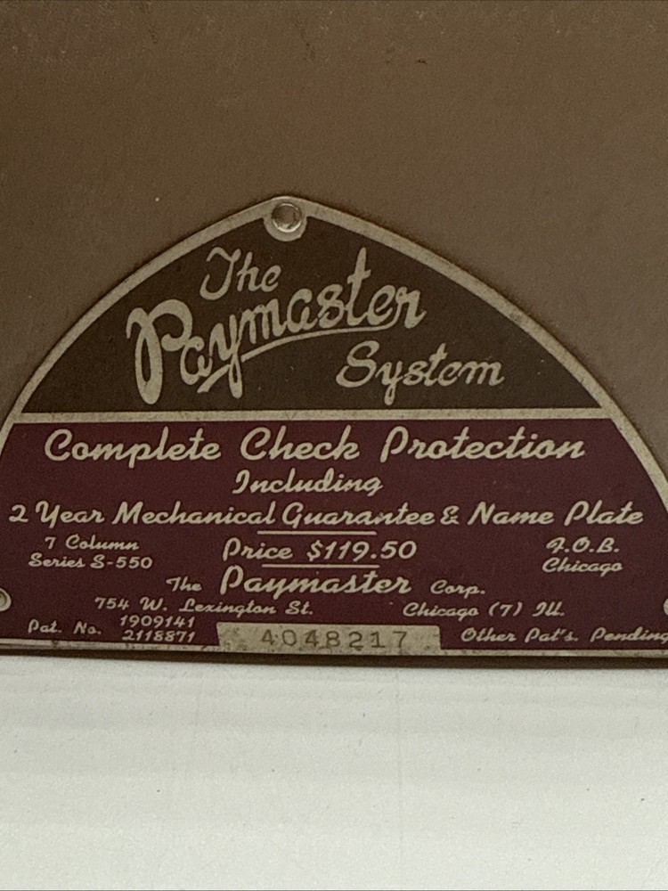 Vintage Paymaster Check Writing Machine Model S-550 Working Condition No Key