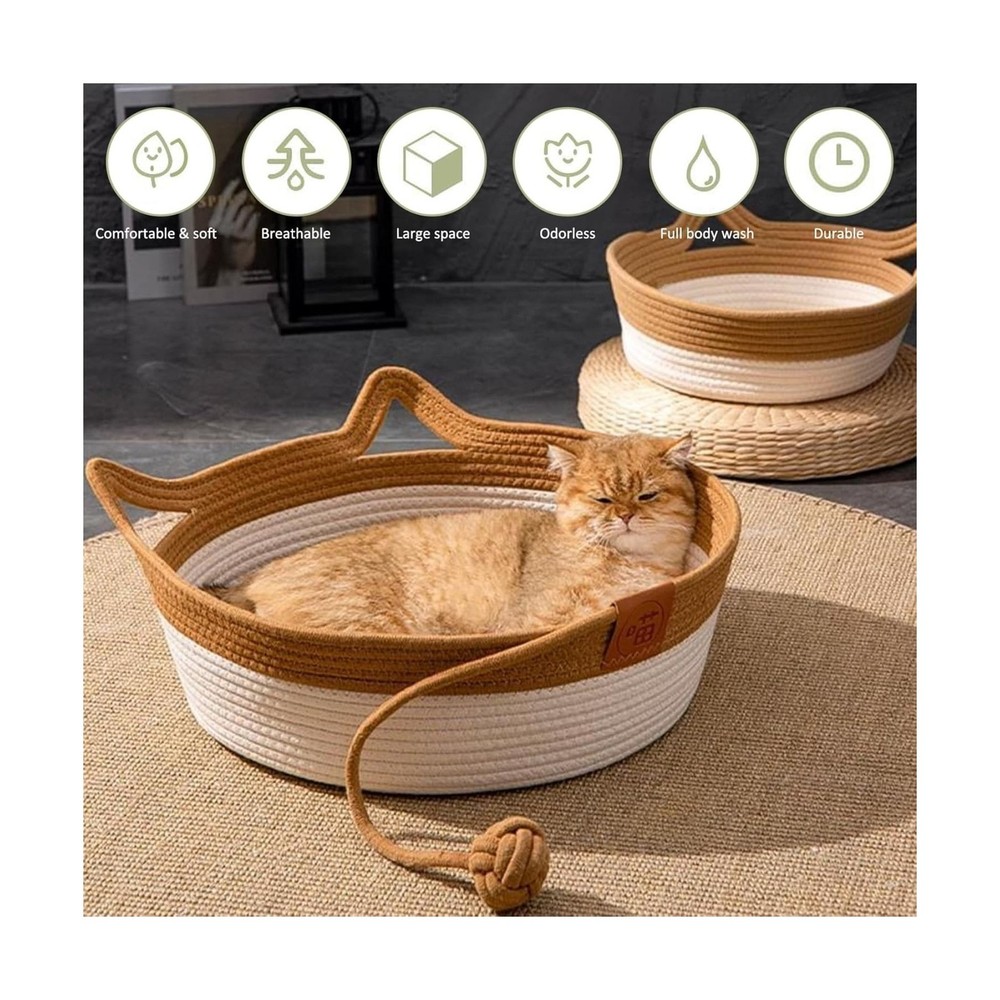 Handwoven Cotton Rope Cat Bed - Breathable & Easy to Clean, Foldable Scratcha...