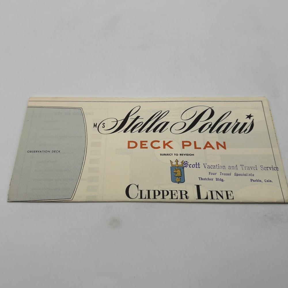 1950s Clipper Line STELLA POLARIS Fold-Out Color-Coded Deck Plan - Excellent