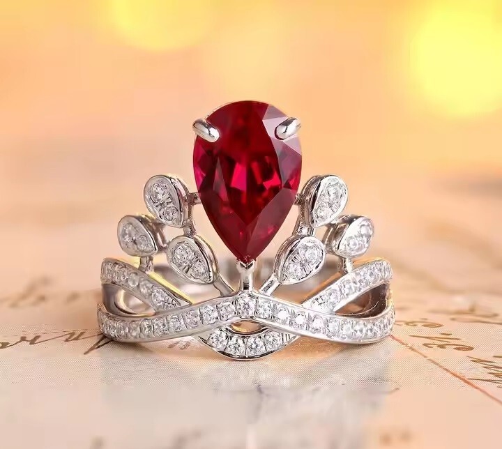 Lab Created Pear Cut Ruby & Diamond 14K White Gold Plated Women Engagement Ring