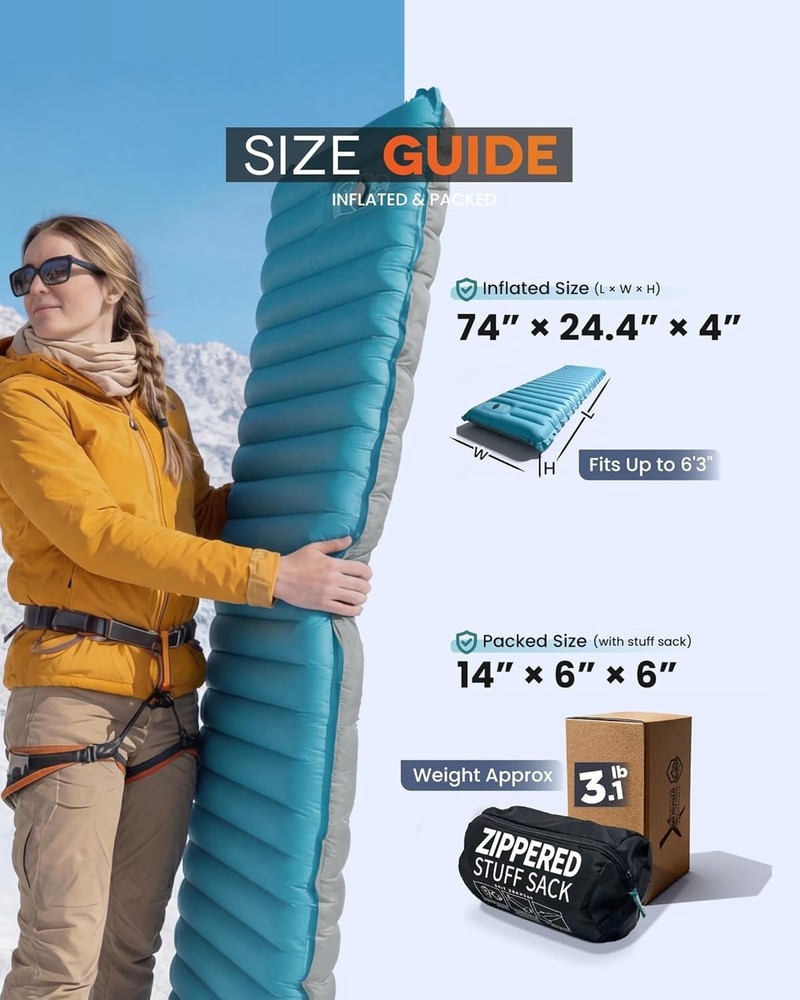 Inflatable Camping Sleeping Pad 4-Inch Thick Full Air Support Built-in Pump Blue