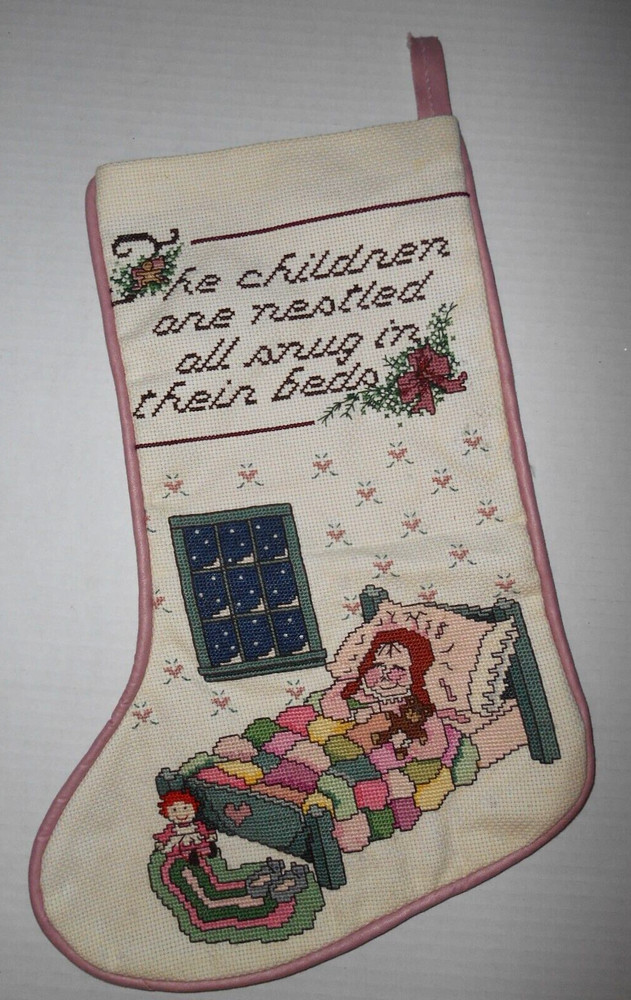 Handmade Counted Cross Stitch Embroidered Stocking NIGHT BEFORE CHRISTMAS
