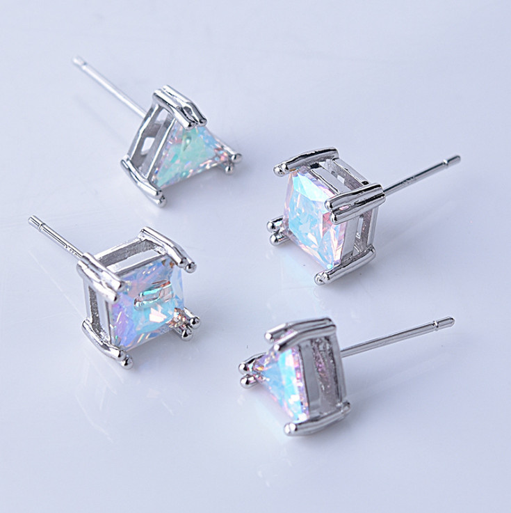 925 Silver Post Square Triangle Mystic Fire Rainbow Topaz CZ Stud Earrings PE22