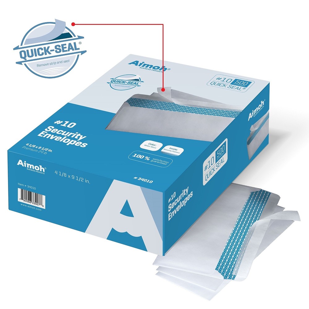 Aimoh 500#10 Security Self Seal Envelopes, Windowless, Premium 500, White
