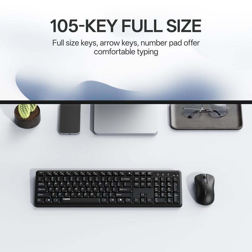 Black X2100 Quiet Wireless Keyboard Mouse Combo 2.4GHz USB Receiver FullSize