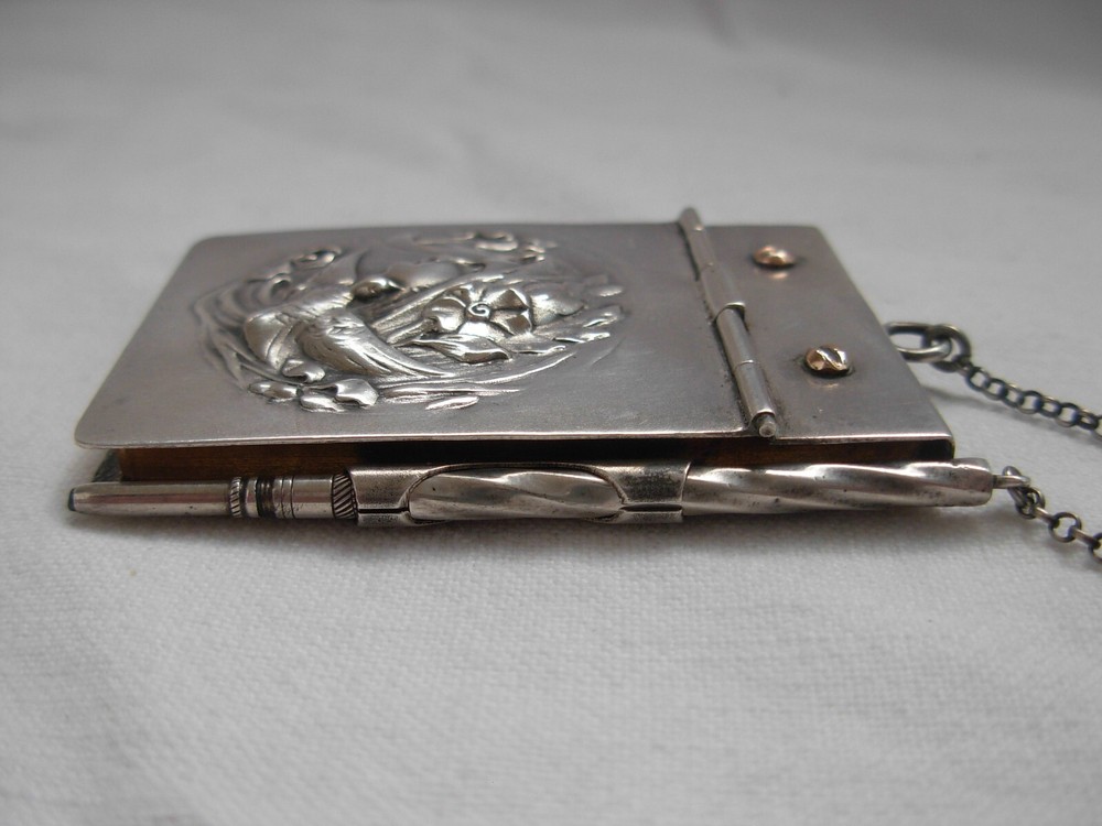 ANTIQUE GERMAN SOLID SILVER DANCE CARD,NOTE BOOK,PENDANT,ART NOUVEAU