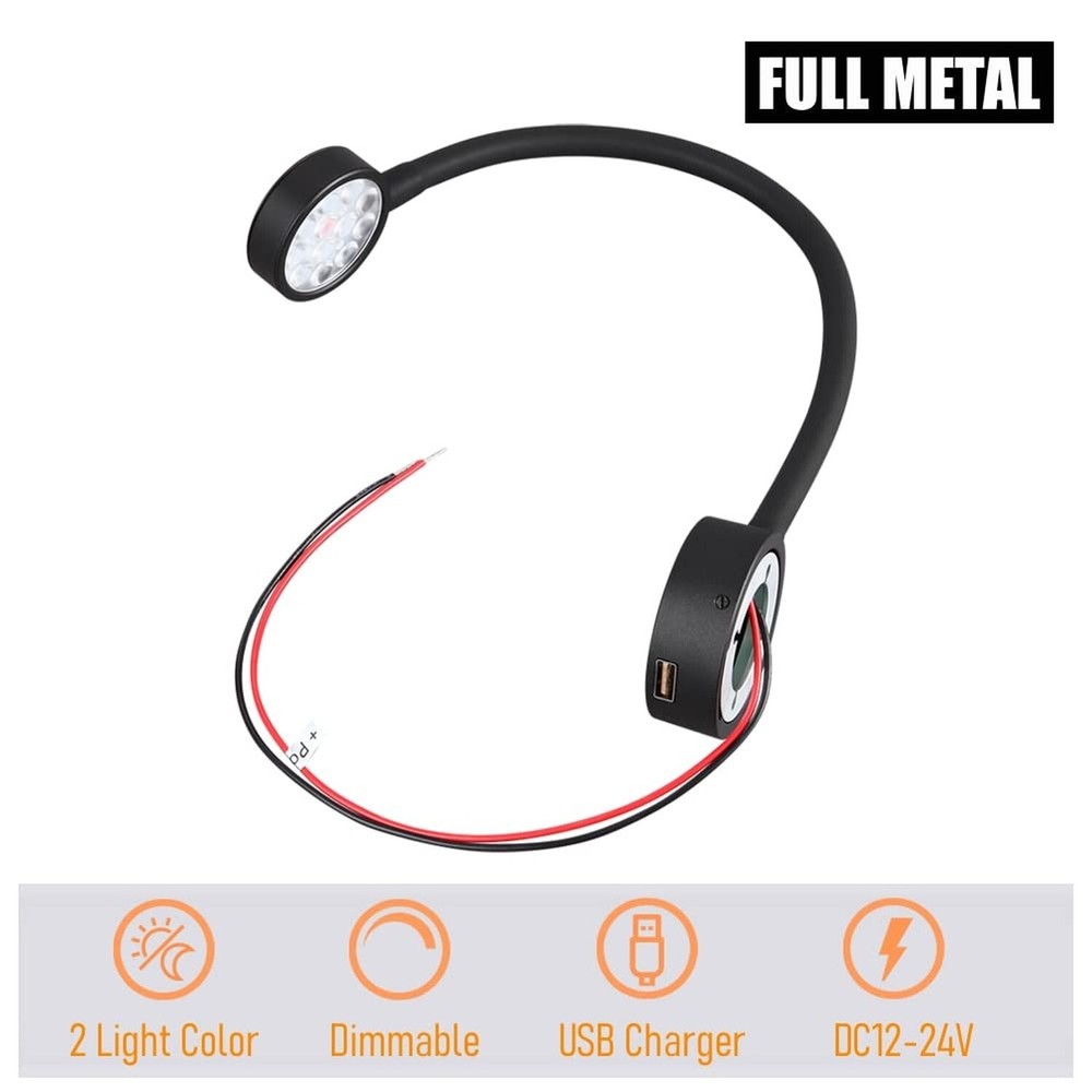 12 Volt Flexible Dimmable LED Reading Light, Full Metal & Red Light & Quick U...