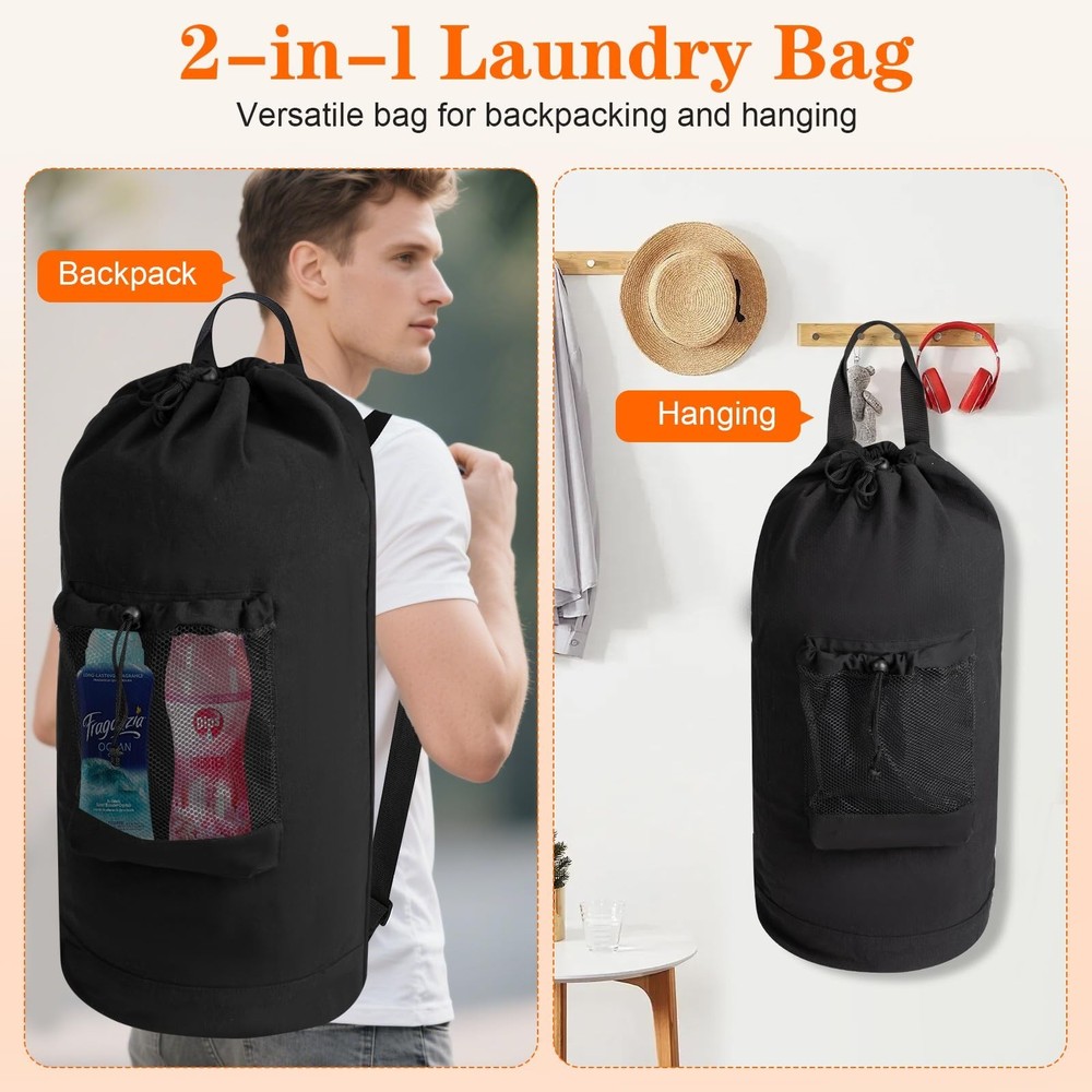 Canvas backpack laundry bag, laundry backpack with shoulder straps and mesh p...