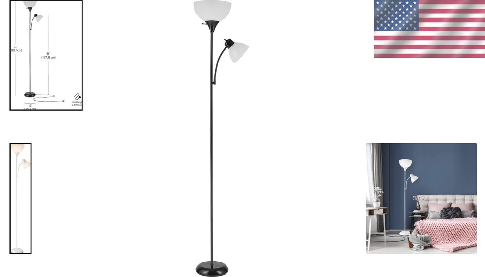 Modern 72" Black Floor Lamp, Dual Torchiere & Reading Light, Space-Saving