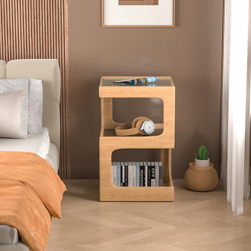 Modern Solid Wood Side Table - No Assembly Required, Log Color Accent Table