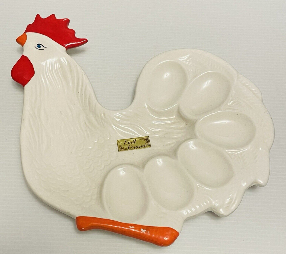 Emil Ceramic Rooster shaped egg holder serving ceramic plate.