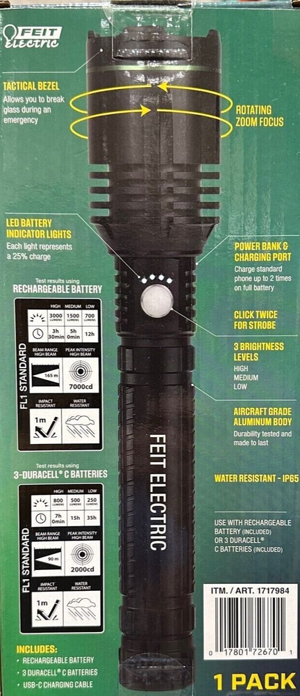 Feit Rechargeable 3000 Lumen Adjustable Flashlight Power Bank Includes USB-C