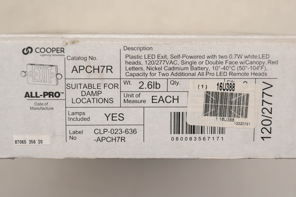 Cooper APCH7R Thermoplastic Exit/Emergency Light Kit NOS