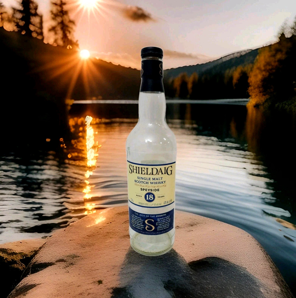Empty Bottle Shieldaig Single Malt Scotch Whiskey. Spyside 18 Years