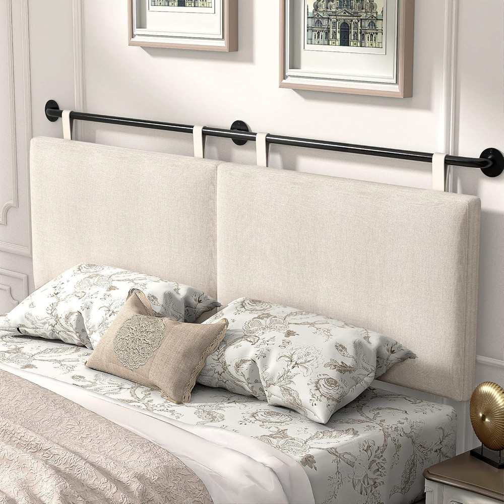 King Size Wall Mounted Headboard Linen Upholstered Button Tufted Beige