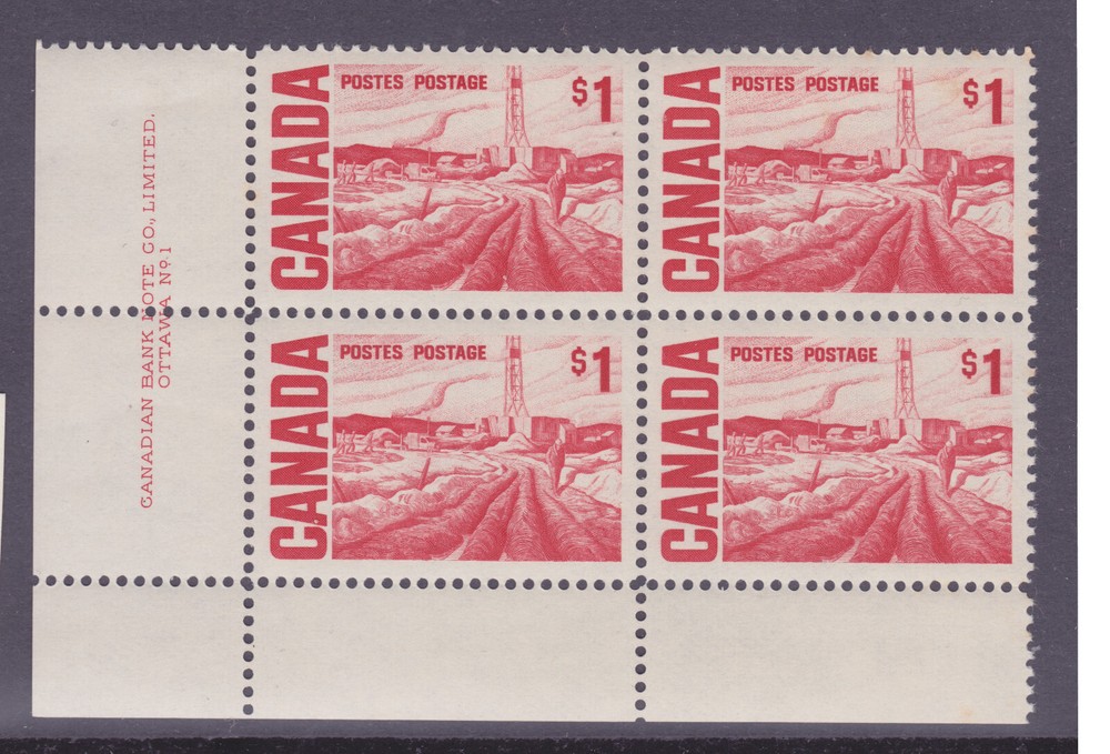 CANADA #465B LL Plate Block $1 OIL FIELDS VFNH centennial issue