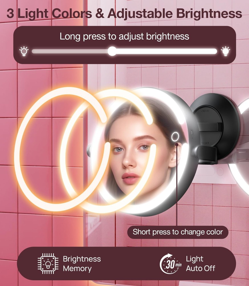Suction Cup Magnifying Mirror with Light 10X, Wall Mounted Makeup Mirror with