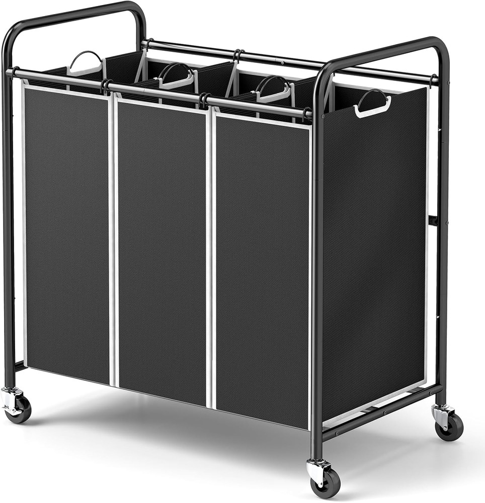 Laundry Sorter Hamper 3 Section Divided Laundry Basket Organizer W/ Wheels