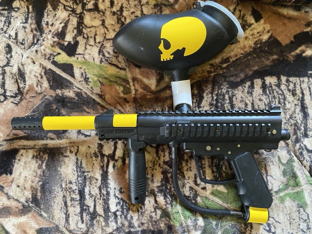 Paintball mask, gun,