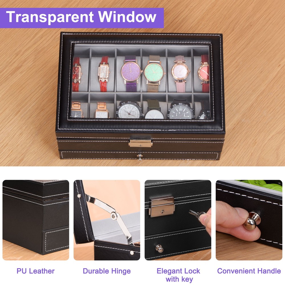 Multipurpose Watch Box 12 Slots 2 Layers with Clear Top PU Leather Display Case