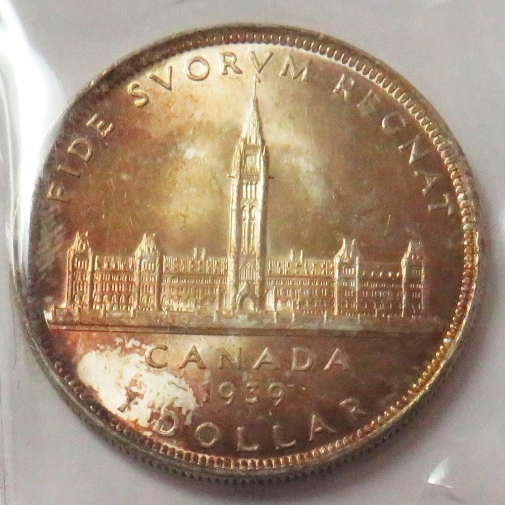 1939 CANADA SILVER $1 DOLLAR ICCS MS 64 COLOR