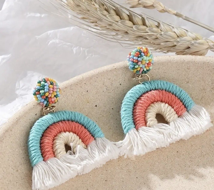 Bohemian Rainbow Dangle Earrings Multicolor Thread Fabric Beads 5.5cm x 4cm