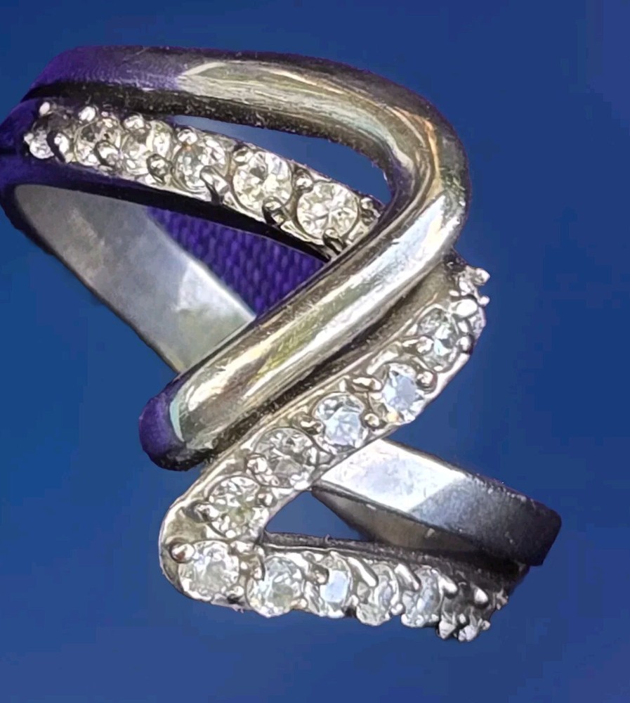 Complex Silvertone Ring Split Double Band Plain & Clear Stones Sz 10 Signed JCI