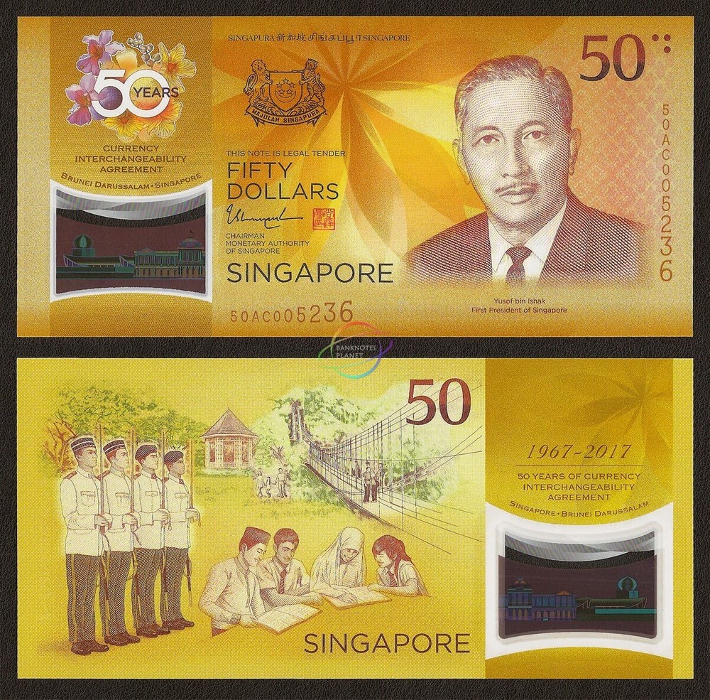 SINGAPORE BRUNEI 50 Dollars Ringgit SET 2 PCS COMM 2017 P-38 62 POLYMER UNC