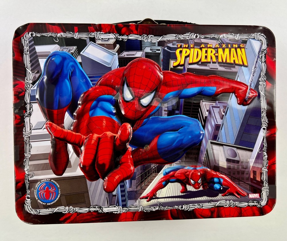 Spiderman Lunch Box Metal Embossed Black Handle