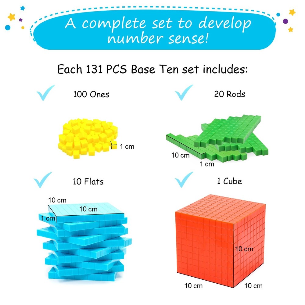 Simply magic 131 PCS Base Ten Blocks for Math - Place Value Small, Assorted
