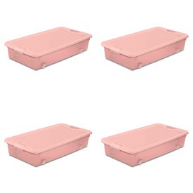 Sterilite 56 Qt Wheeled Under Bed Storage Container Plastic Bin, Blush, 4 Pack