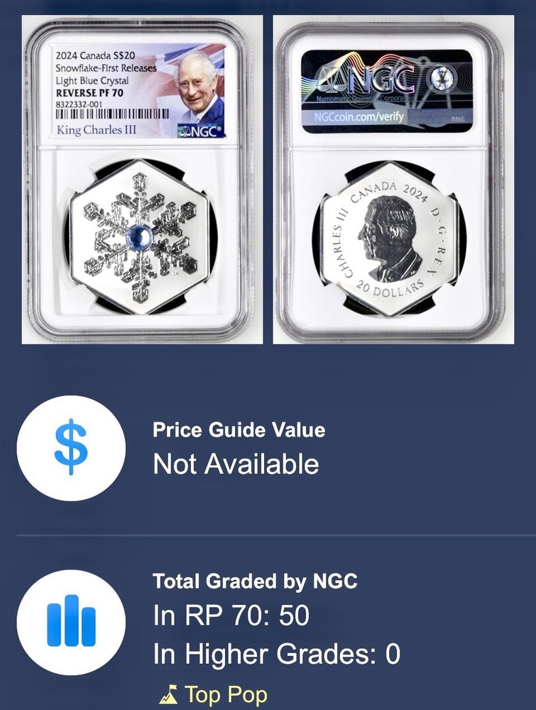 2024 CANADA SILVER SNOWFLAKE LIGHT BLUE CRYSTAL NGC REVERSE PF70 FIRST RELEASES