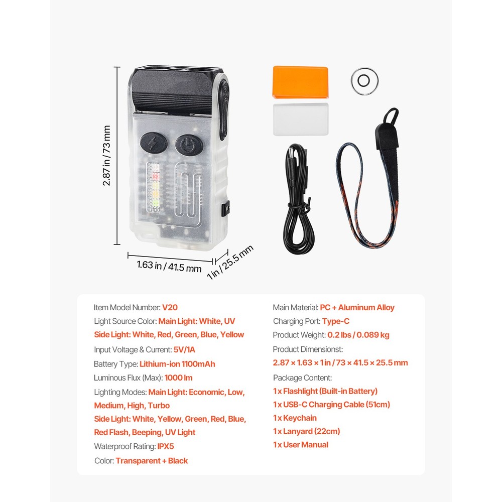 Rechargeable Keychain Flashlight Mini LED Flashlight with Clip & Magnetic Tail