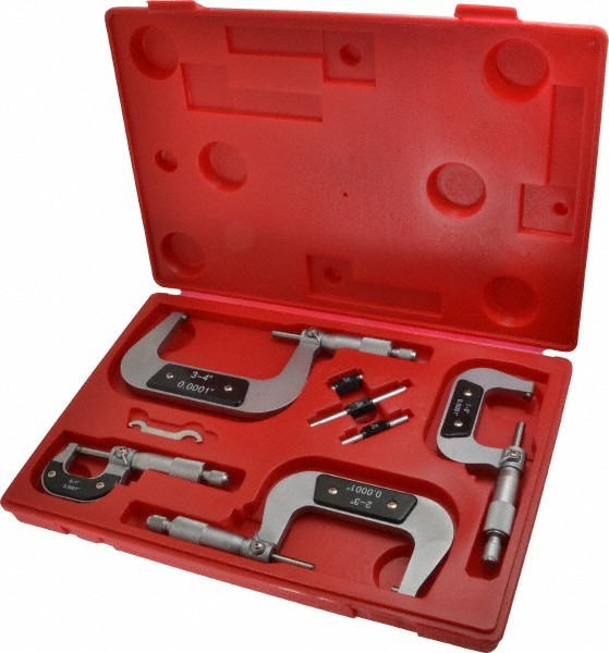 4 Piece Mechanical Outside Micrometer Set: 0 to 4" Range, Ratchet Stop Thimble
