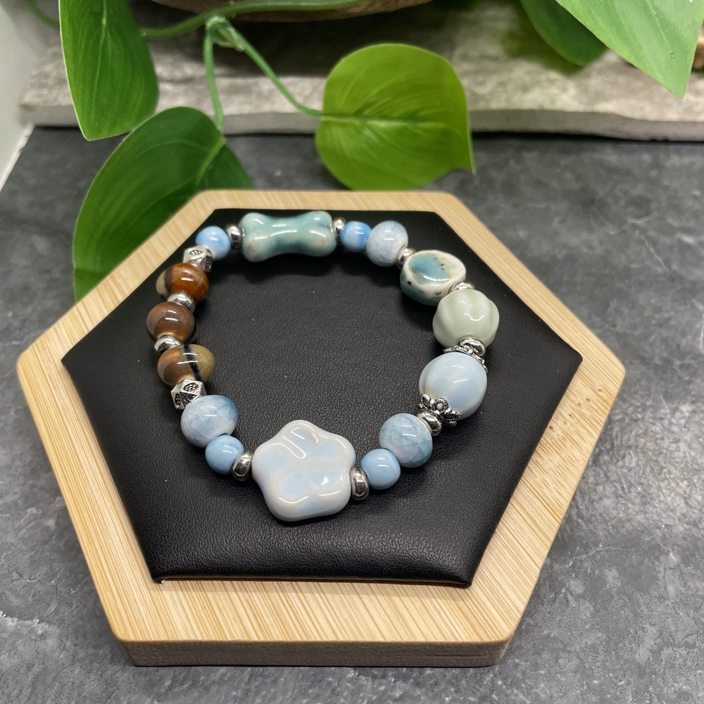 Handmade Ceramic Bead Beaded Stackable 6” Plus Stretch Bracelet New B398