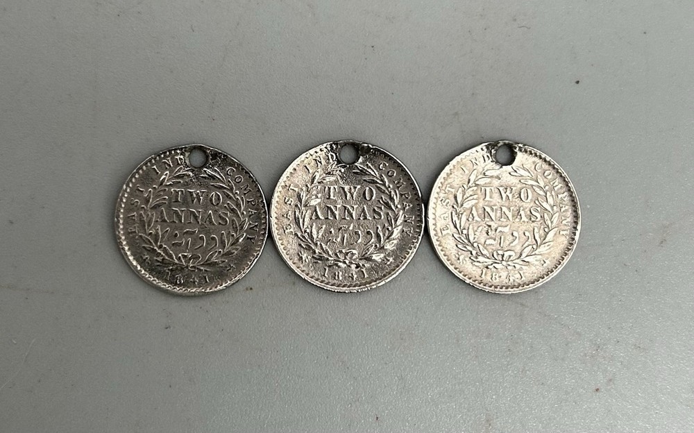 Three 1841 Silver 2 Annas Coins - Drilled
