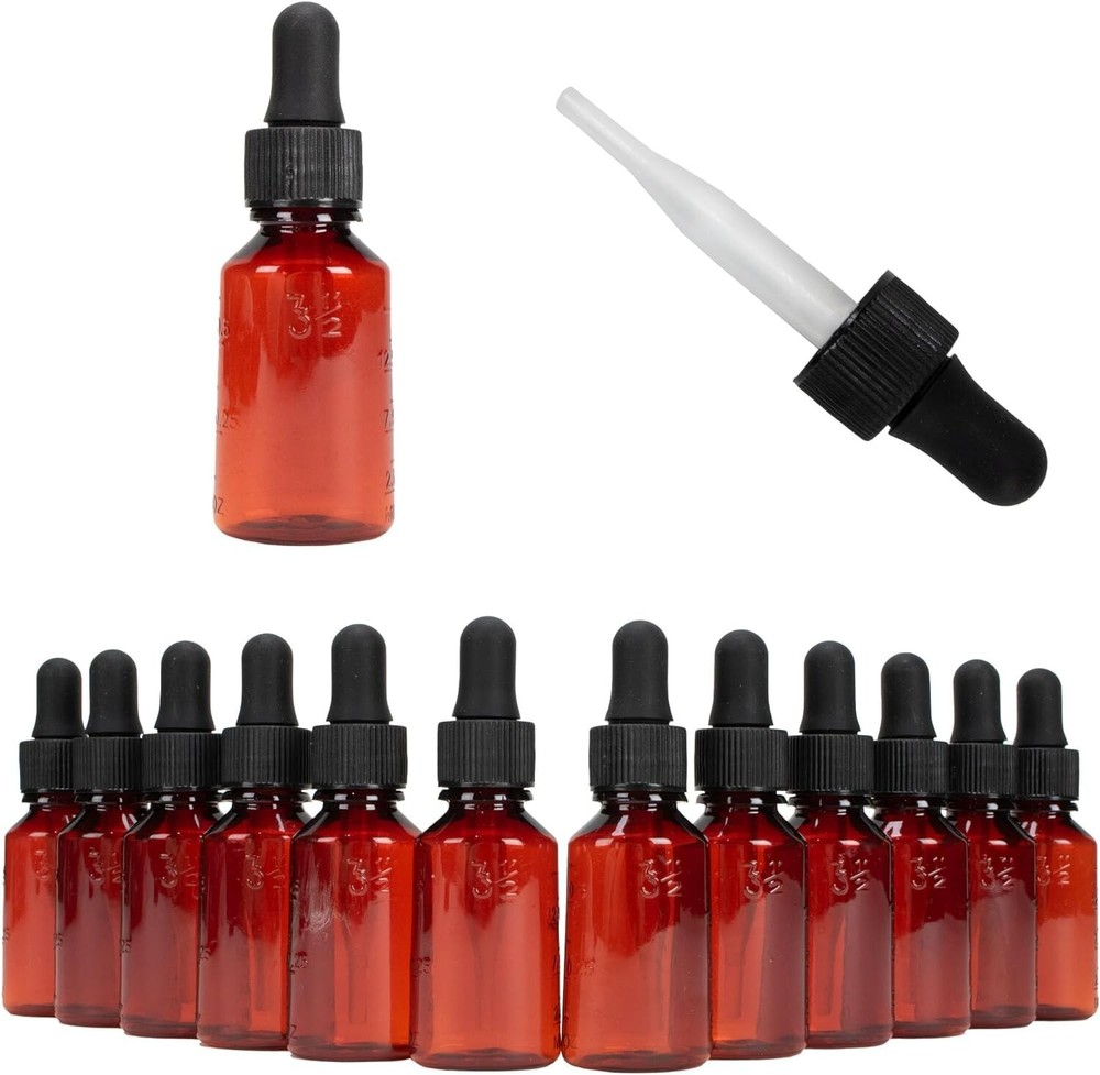 Amber Plastic Dropper Bottle, 1 oz, 12/Box