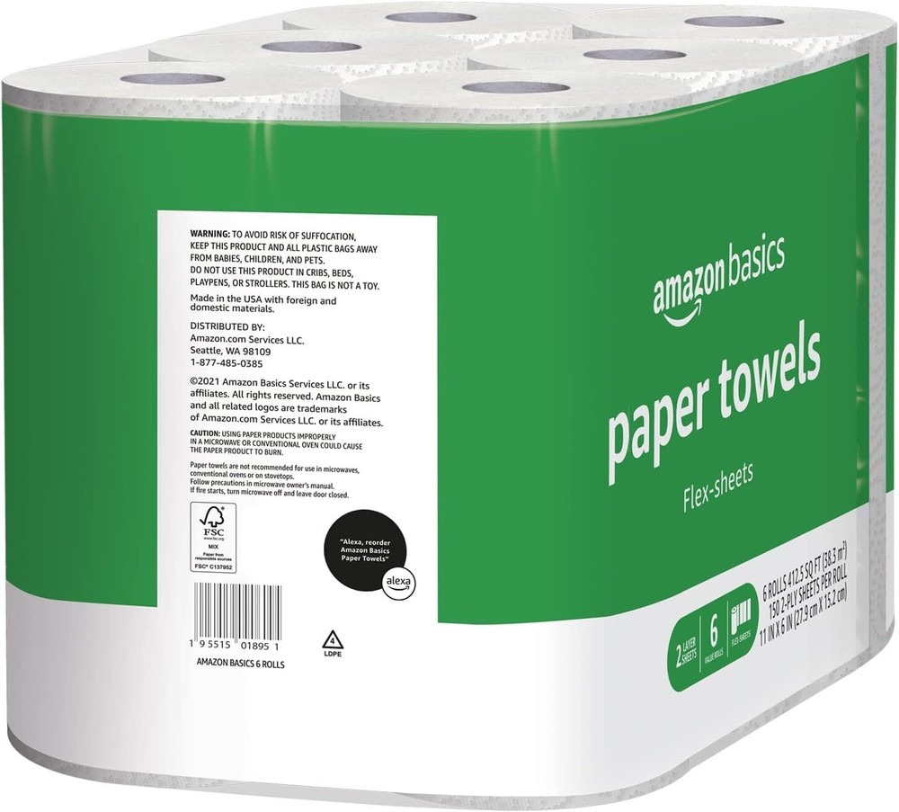 Amazon Basics 2-Ply Flex-Sheets Paper Towels, 12 Basics Rolls = 32 Regular Rolls