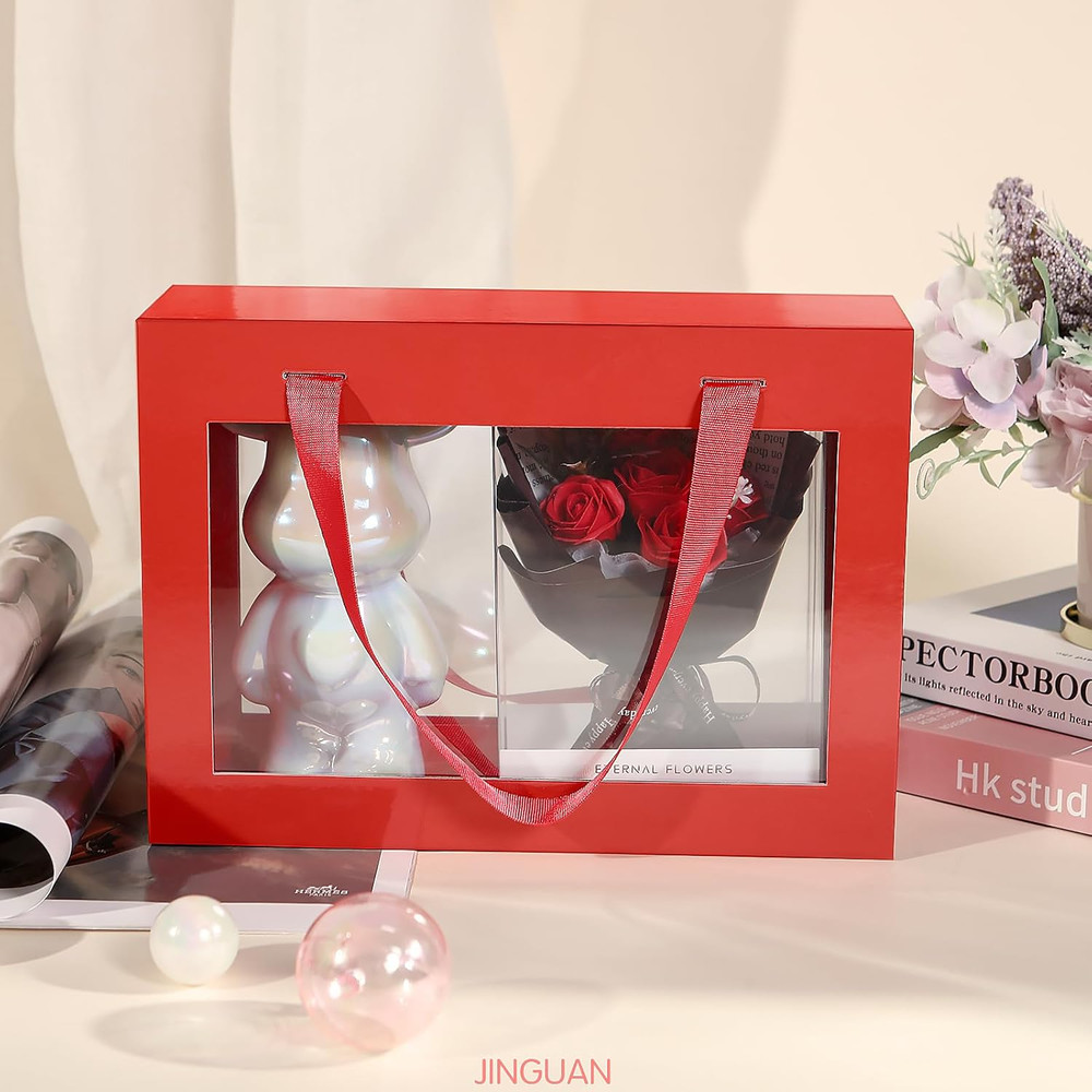 Red Gift Box with Window, Clear Magnetic Gift Box with Handle for Present, Bride