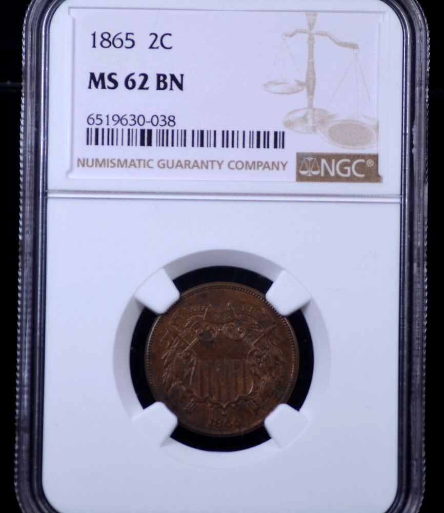 1865 TWO CENT PIECE NGC MS 62 BN PLEASING MEDIUM BROWN WITH SOME NICE MINT GLOW