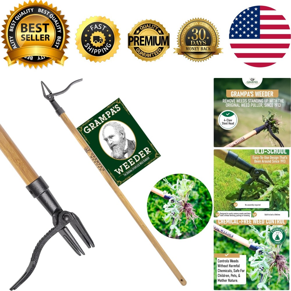 46" Bamboo Weed Puller Tool - Ergonomic 4-Claw Design, Lightweight